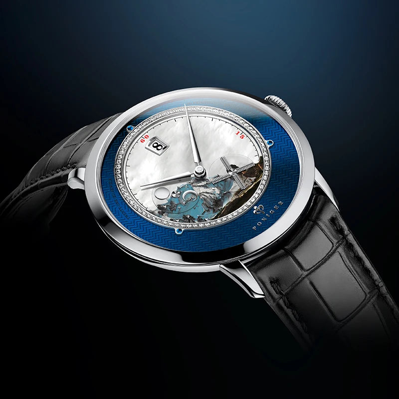 PONIGER Luxury Men's Watch Japanese Automatic Movement Landscape Painting Design Stainless Steel Waterproof Multifunction Clock