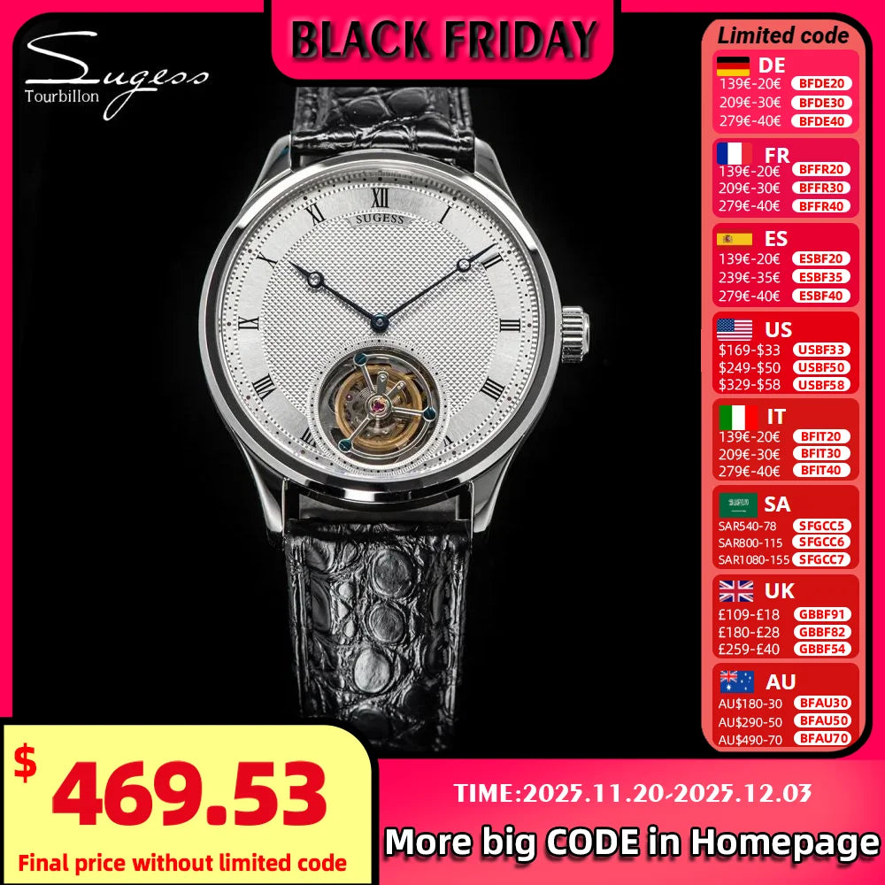 Sugess Tourbillon Men Watches ST8230 Genuine Tianjin Movement Mechanical Vintage Skeleton Wristwatch Elegant Crocodile Leather