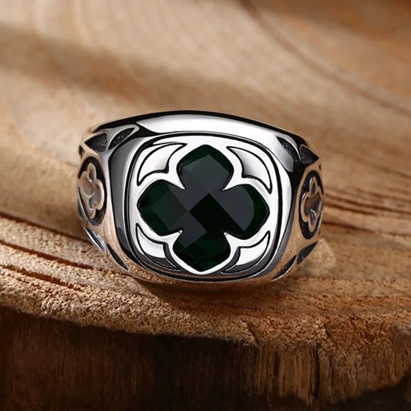 Wholesale Thai silver retro trendy personalized jewelry men's and women's rings adjustable S925 silver inlaid green zircon ring