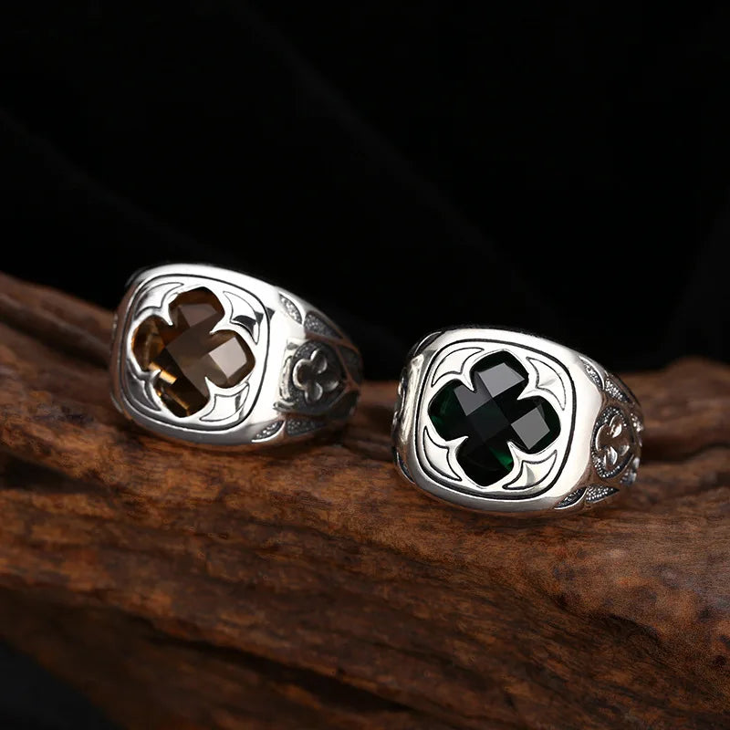 Wholesale Thai silver retro trendy personalized jewelry men's and women's rings adjustable S925 silver inlaid green zircon ring