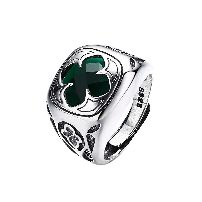 Wholesale Thai silver retro trendy personalized jewelry men's and women's rings adjustable S925 silver inlaid green zircon ring