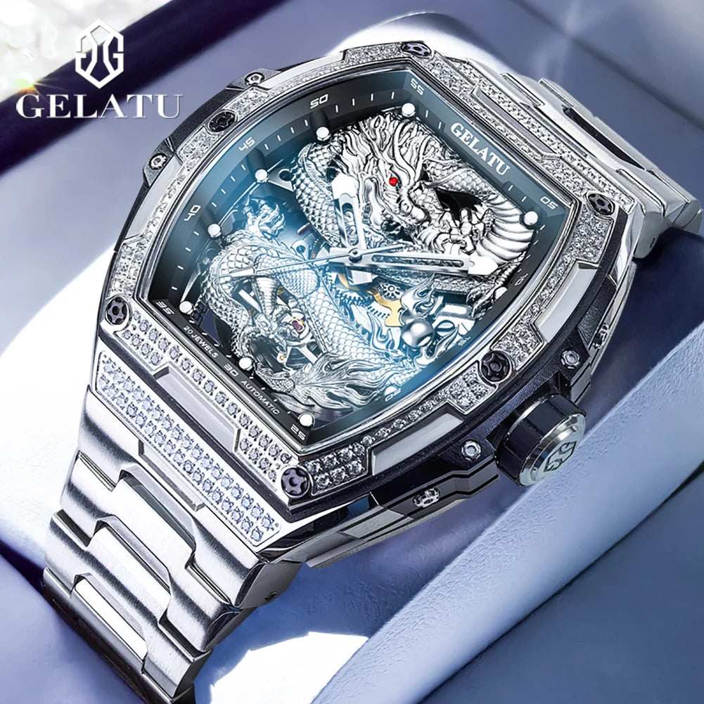 GELATU 6021 Men's Watch Fashion Automatic Mechanical Watch For Men Hollow Waterproof Luminous Dragon Dial Luxury Man Wristwatch
