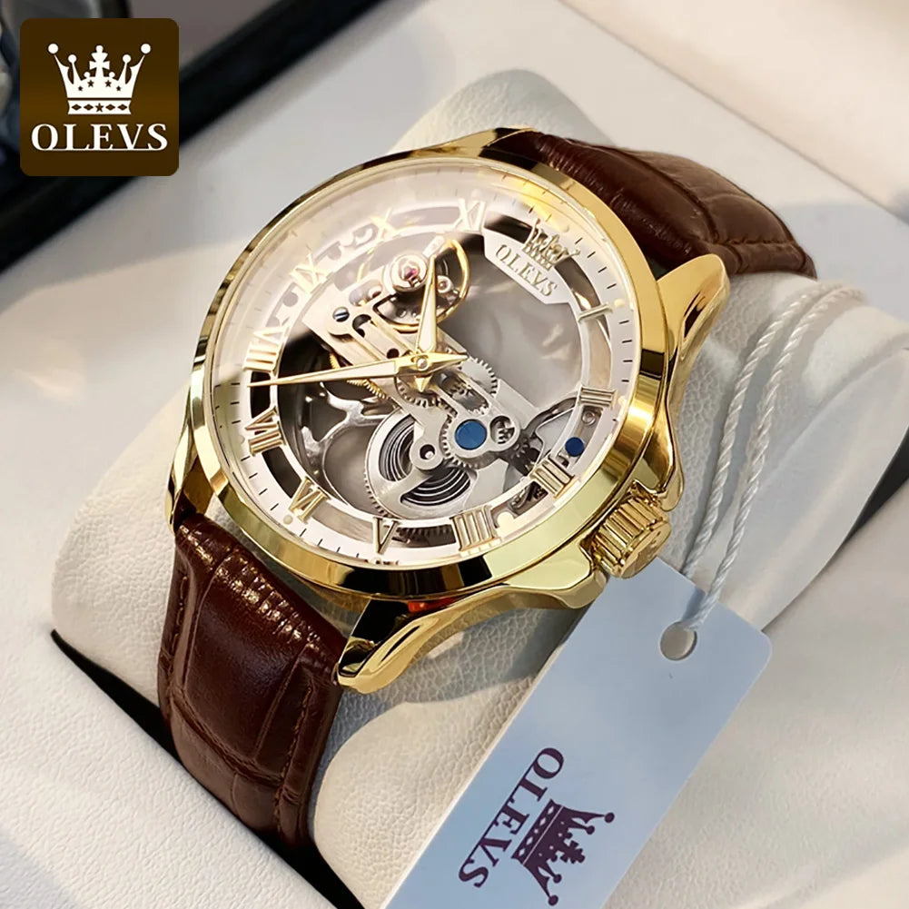 OLEVS 6661 Full Transparant Skelton Flywheel Automatic Mechanical Men's Watch Leather Strap Luxury Brand Original Man Wristwatch