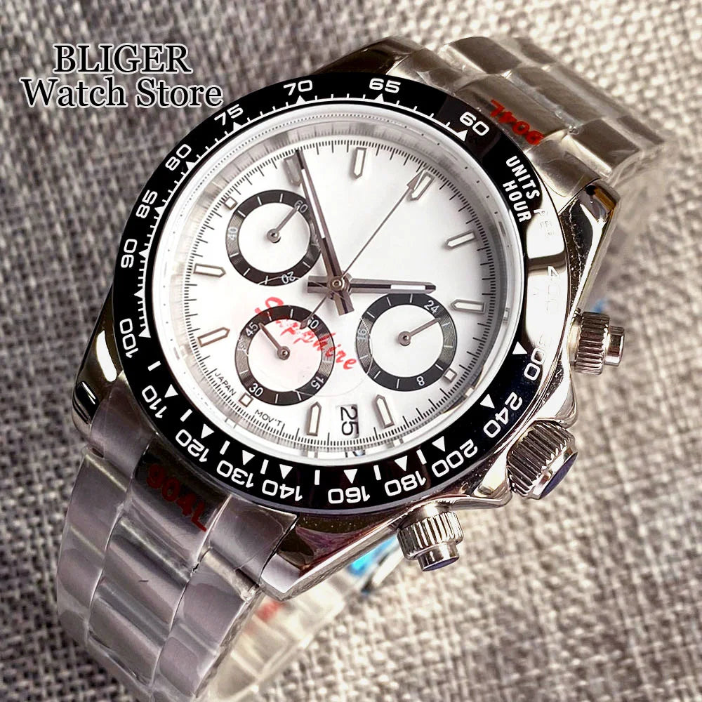 Fashion 39mm Quartz Chronograph Sapphire Crystal Men's Watch VK63 Cartoon Printing Pattern Stainless Steel White Black Dial