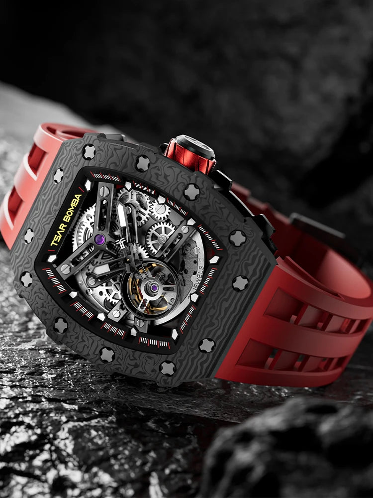 TSAR BOMBA Automatic Watch for Men Carbon Fiber Bezel Skeleton Mechanical Watches Luxury Clock Waterproof Mens WristWatch