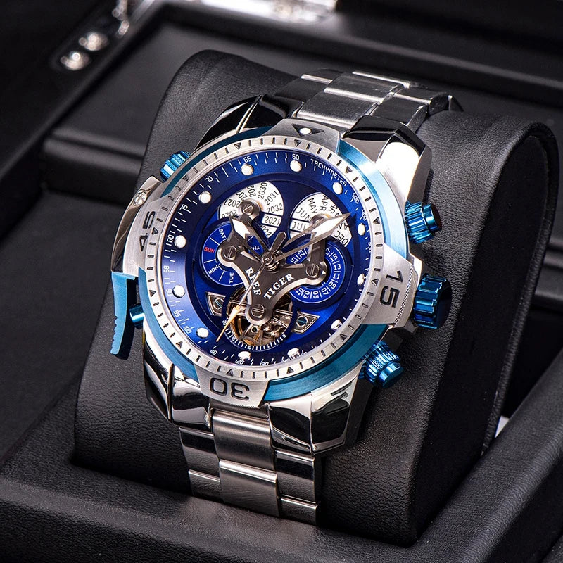 Reef Tiger/RT Designer Sport Mens Watch with Perpetual Calendar Date Day Complicated Blue Dial Mechanical Bracelet Watch RGA3503