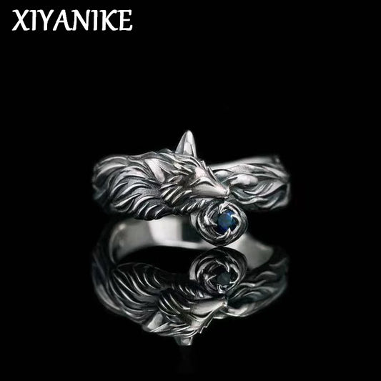 XIYANIKE Vintage Blue Crystal Fox Animal Adjustable Rings For Men Women Punk Fashion New Year Jewelry Gift Party anillos mujer