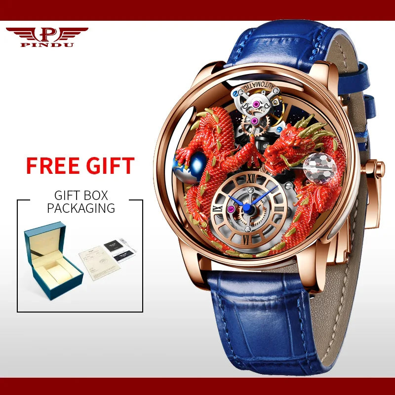 PINDU Design Celestial Body Series Traditionnelle Artisanat Three Dimensional Dragon Men Watch Curved Mirror Transparent Globe
