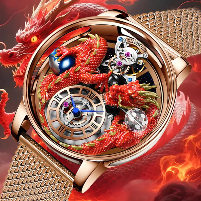 PINDU Design Celestial Body Series Traditionnelle Artisanat Three Dimensional Dragon Men Watch Curved Mirror Transparent Globe