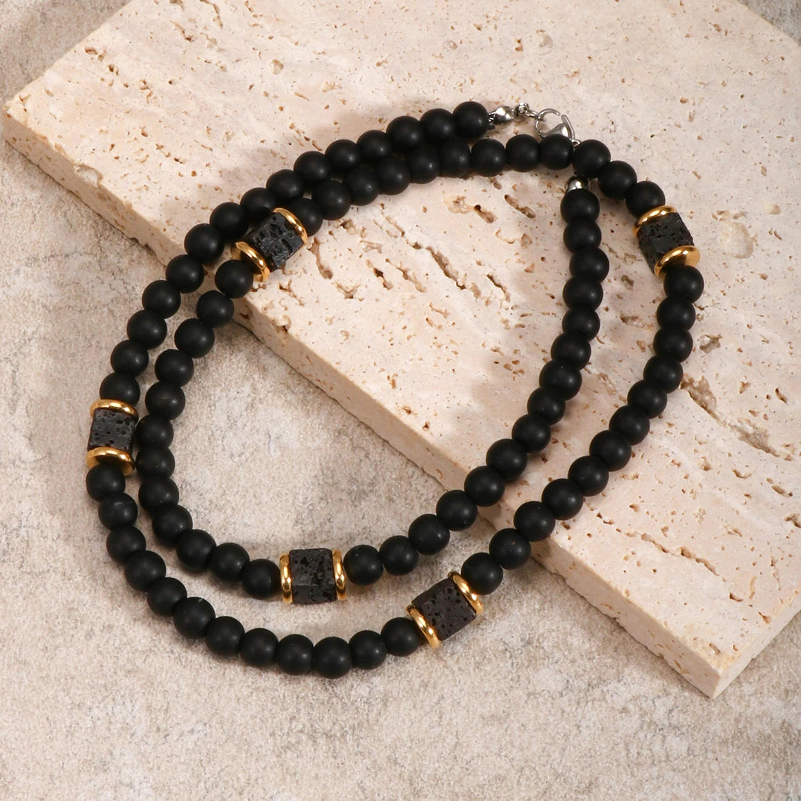 1PC Fashion Vintage Black Beaded Necklace for Men Lava Stone Necklace Men Jewelry