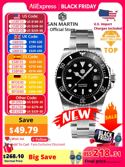 San Martin Upgraded Version 40mm Water Ghost Diver Watch Men Luxury Automatic Mechanical Watches Sapphire Waterproof 200m SN0017