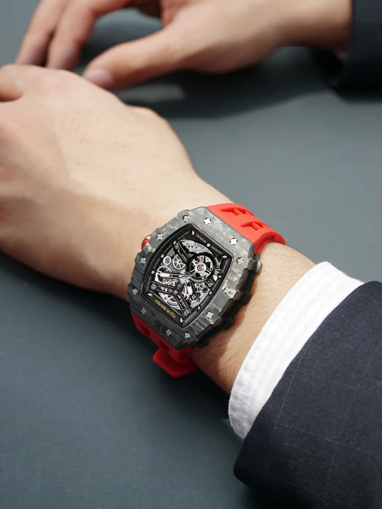 TSAR BOMBA Automatic Watch for Men Carbon Fiber Bezel Skeleton Mechanical Watches Luxury Clock Waterproof Mens WristWatch
