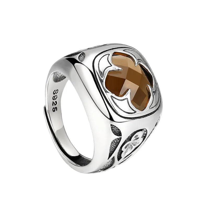 Wholesale Thai silver retro trendy personalized jewelry men's and women's rings adjustable S925 silver inlaid green zircon ring