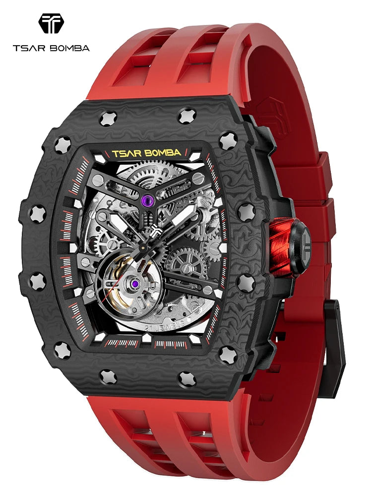 TSAR BOMBA Automatic Watch for Men Carbon Fiber Bezel Skeleton Mechanical Watches Luxury Clock Waterproof Mens WristWatch