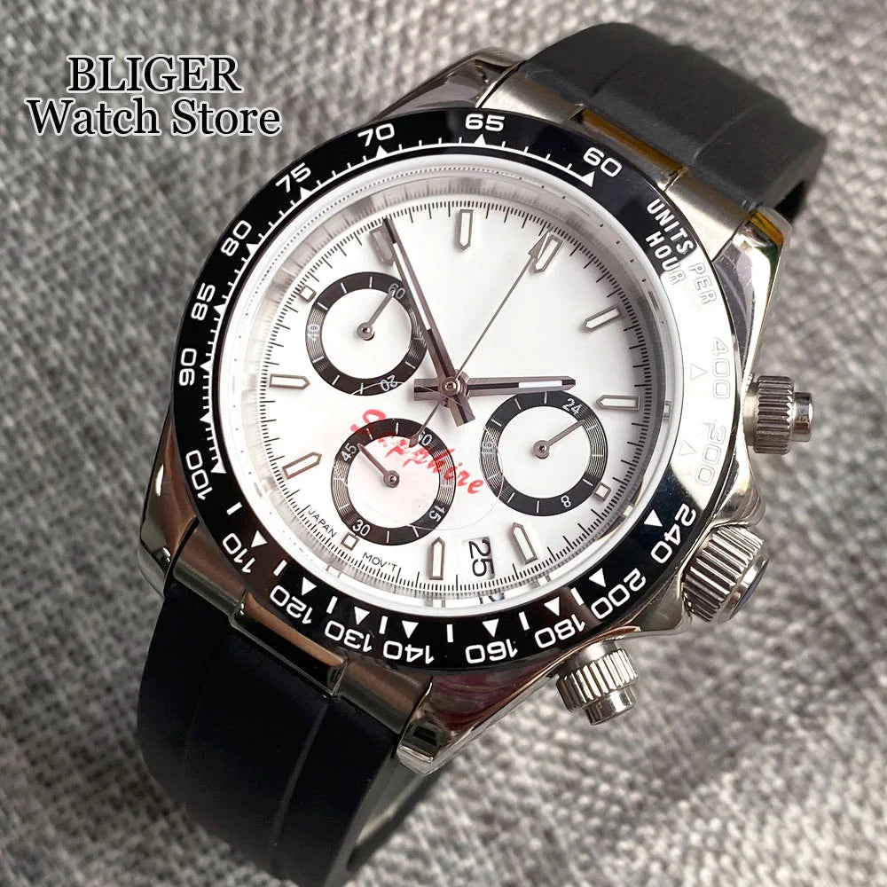 Fashion 39mm Quartz Chronograph Sapphire Crystal Men's Watch VK63 Cartoon Printing Pattern Stainless Steel White Black Dial