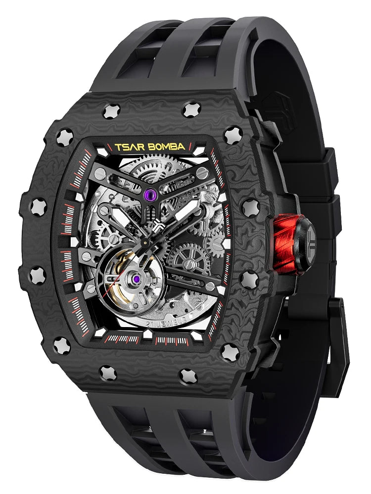 TSAR BOMBA Automatic Watch for Men Carbon Fiber Bezel Skeleton Mechanical Watches Luxury Clock Waterproof Mens WristWatch