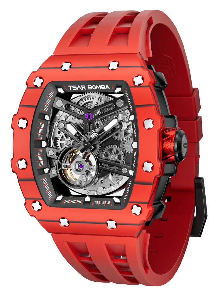 TSAR BOMBA Automatic Watch for Men Carbon Fiber Bezel Skeleton Mechanical Watches Luxury Clock Waterproof Mens WristWatch