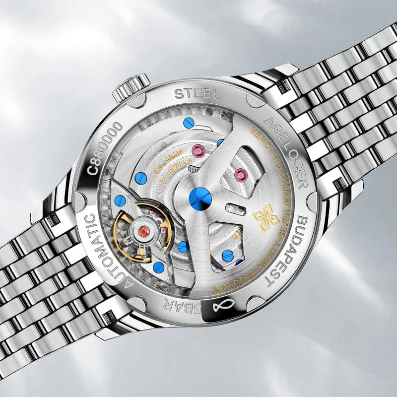 AGELOCER Original Budapest Watch Steel Strap Men's Business Dress Big Calendar Automatic Mechanical Watch Birthday Gift for Men