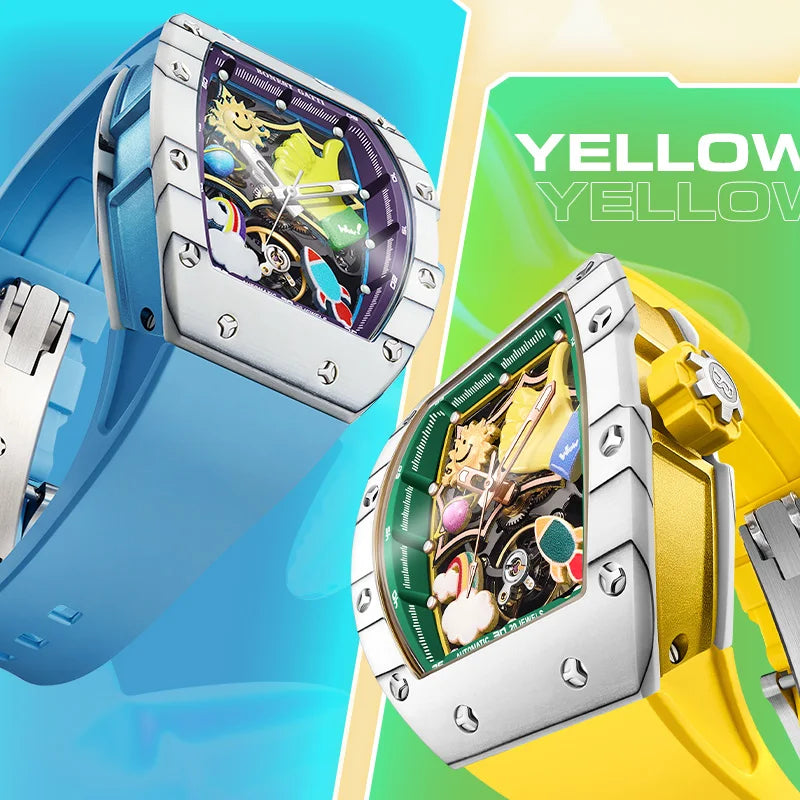 BONEST GATTI Men Automatic Watch 52mm Tonneau Mechanical Wristwatch Carbon Fiber Sapphire Mirror Luminous 3D Cartoon Dial