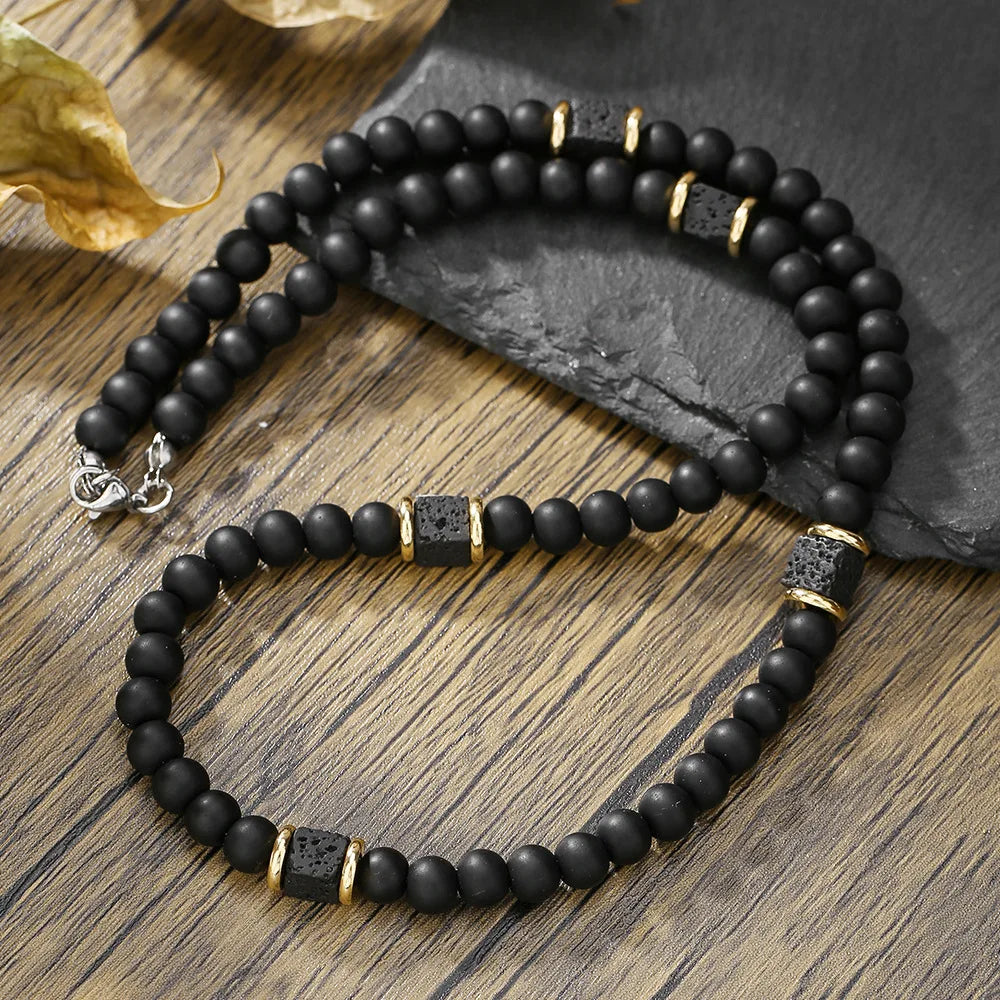 1PC Fashion Vintage Black Beaded Necklace for Men Lava Stone Necklace Men Jewelry