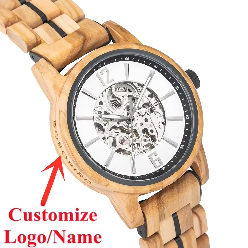 BOBO BIRD Wooden Automatic Mechanical Watch Men New Top Luxury Wristwatch Fashion Luminous Clock Great Gift Wood Box Custom Logo