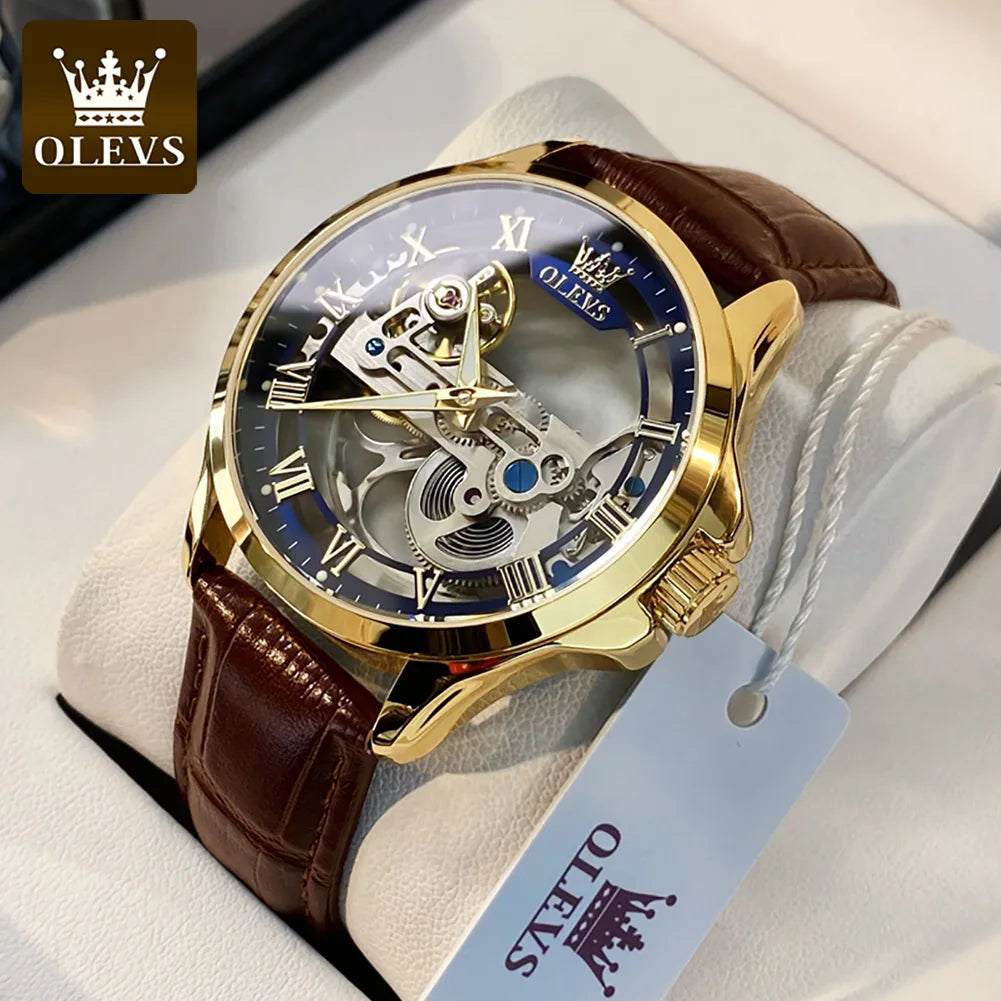 OLEVS 6661 Full Transparant Skelton Flywheel Automatic Mechanical Men's Watch Leather Strap Luxury Brand Original Man Wristwatch