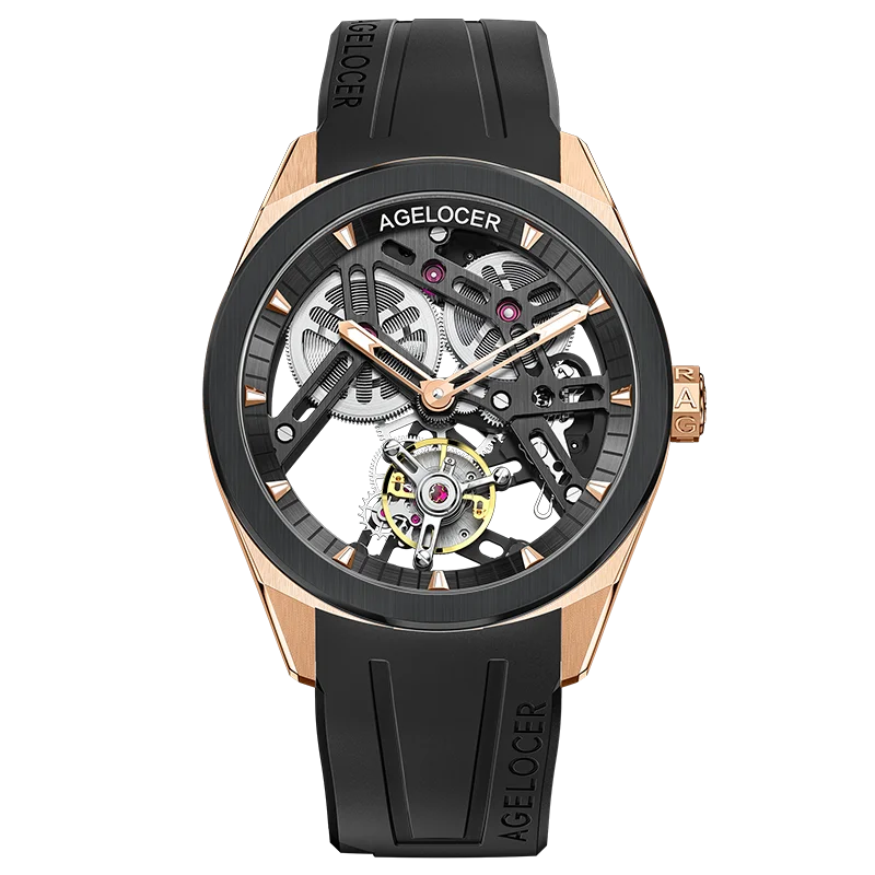 AGELOCER Original Tourbillon Watch Ceramic Bezel Men's Vogue Luxury Skeleton Manual Mechanical Watch Birthday Gift for Men
