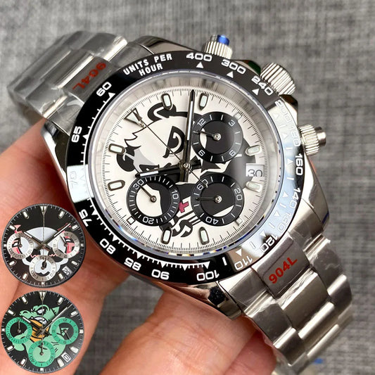 Fashion 39mm Quartz Chronograph Sapphire Crystal Men's Watch VK63 Cartoon Printing Pattern Stainless Steel White Black Dial