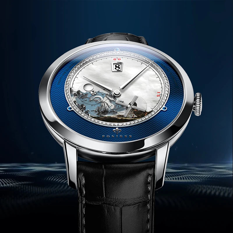 PONIGER Luxury Men's Watch Japanese Automatic Movement Landscape Painting Design Stainless Steel Waterproof Multifunction Clock