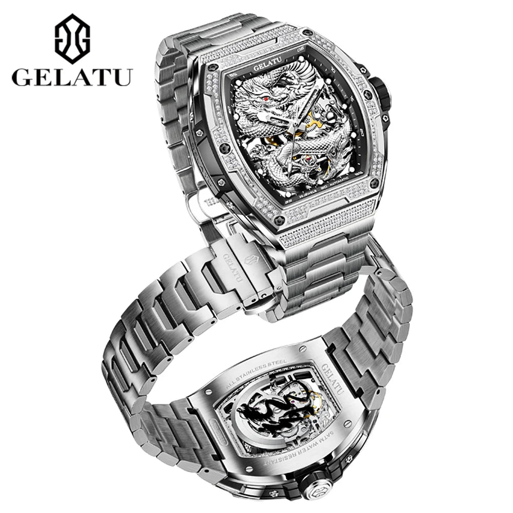 GELATU 6021 Men's Watch Fashion Automatic Mechanical Watch For Men Hollow Waterproof Luminous Dragon Dial Luxury Man Wristwatch