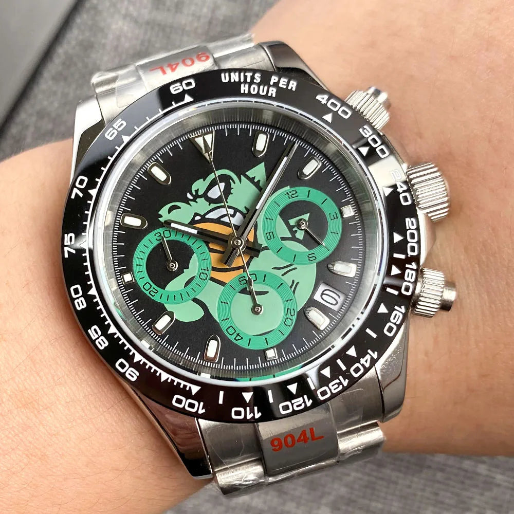 Fashion 39mm Quartz Chronograph Sapphire Crystal Men's Watch VK63 Cartoon Printing Pattern Stainless Steel White Black Dial