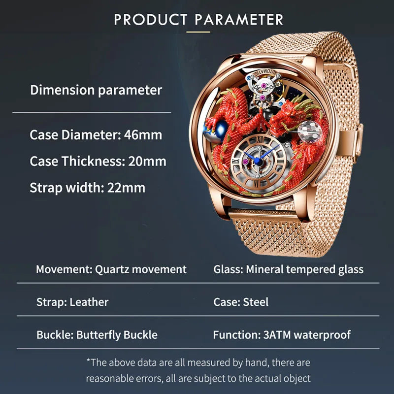 PINDU Design Celestial Body Series Traditionnelle Artisanat Three Dimensional Dragon Men Watch Curved Mirror Transparent Globe