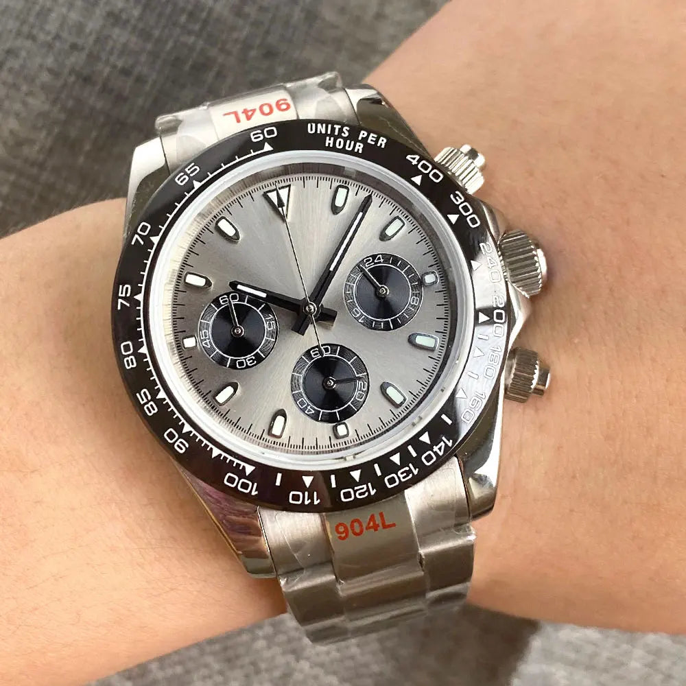 Fashion 39mm Quartz Chronograph Sapphire Crystal Men's Watch VK63 Cartoon Printing Pattern Stainless Steel White Black Dial