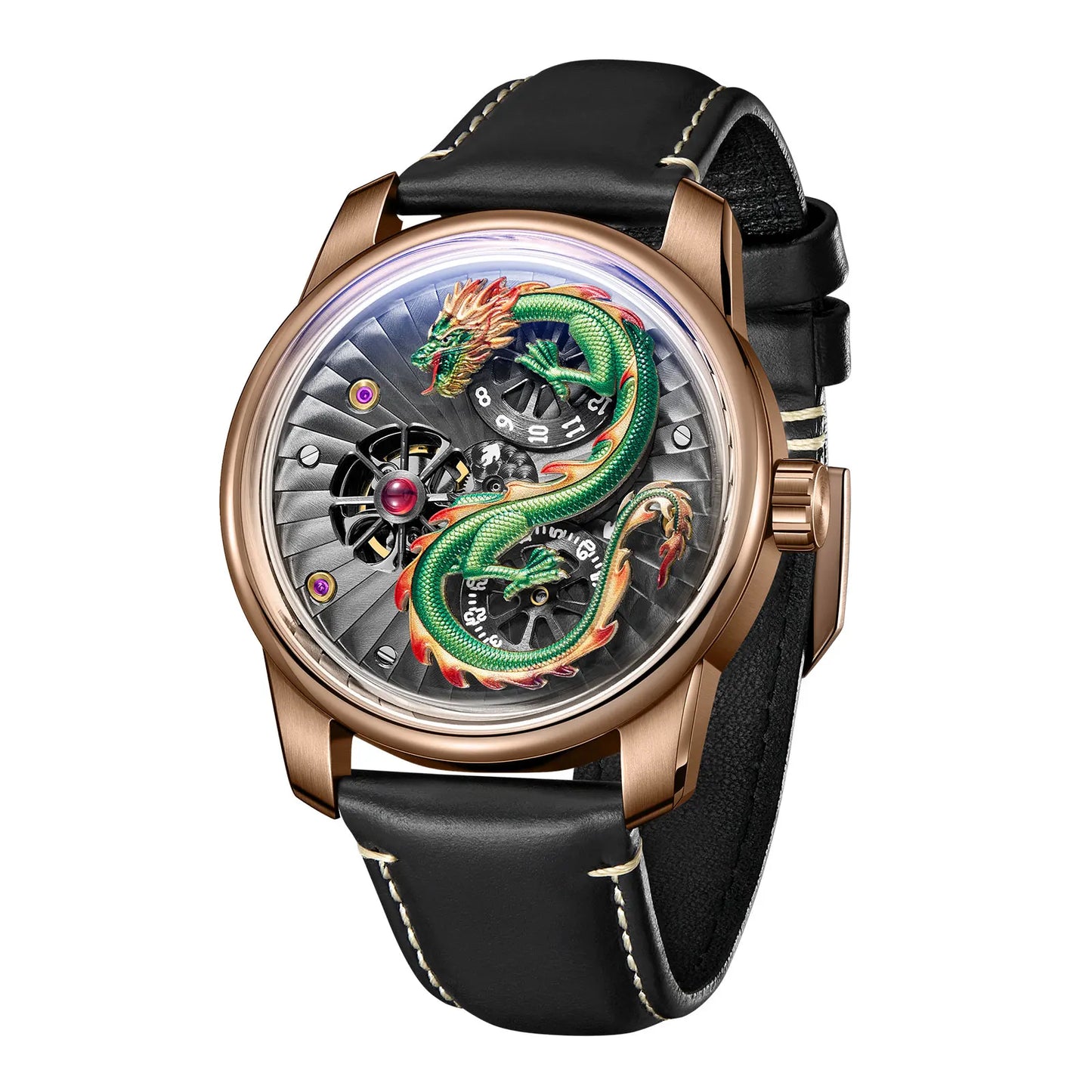 OBLVLO Men's Double Wheels Dial Leather Mechanical Watch Luxury Green Dragon Luminous Waterproof Men's Automatic Watch JM-DRAGON