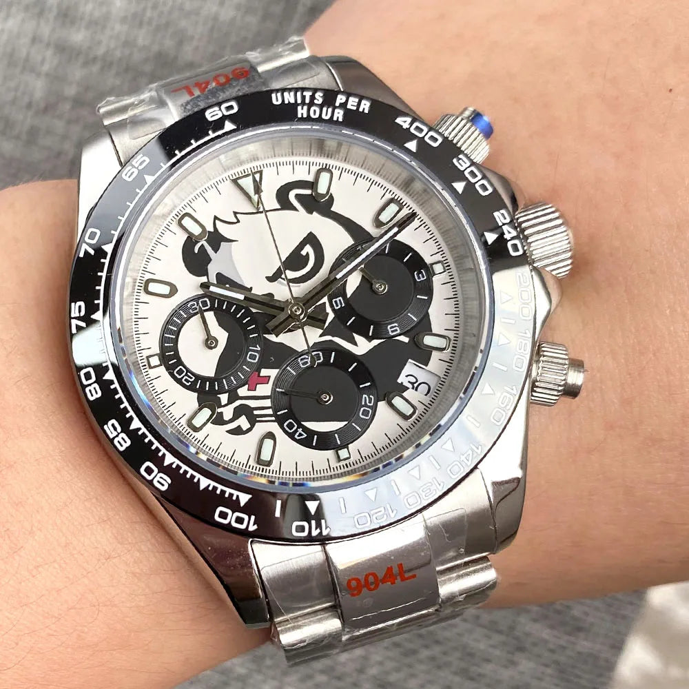 Fashion 39mm Quartz Chronograph Sapphire Crystal Men's Watch VK63 Cartoon Printing Pattern Stainless Steel White Black Dial