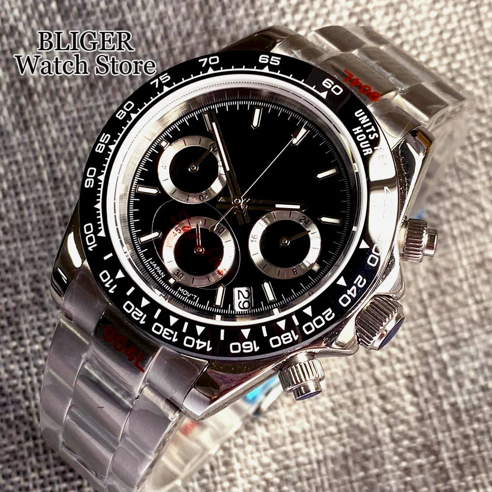 Fashion 39mm Quartz Chronograph Sapphire Crystal Men's Watch VK63 Cartoon Printing Pattern Stainless Steel White Black Dial