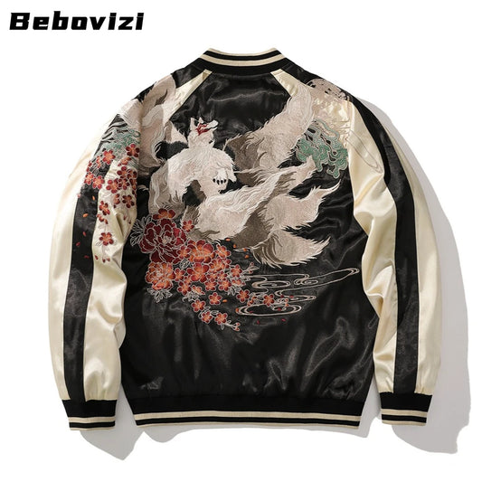 High Quality Japanese Style Nine-tailed Fox Embroidered Motorcycle Jacket Streetwear Harajuku Hip Hop Men Baseball Coat Autumn