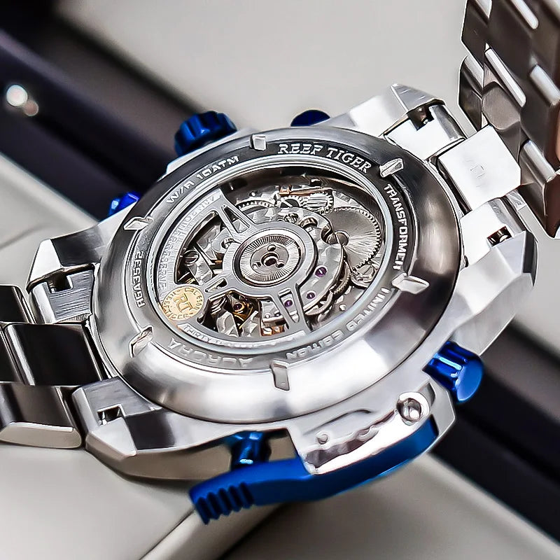 Reef Tiger/RT Designer Sport Mens Watch with Perpetual Calendar Date Day Complicated Blue Dial Mechanical Bracelet Watch RGA3503