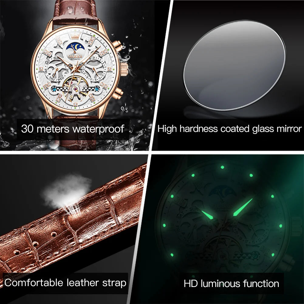 OLEVS 6658 Mens Watch Business Leather Strap Reloj  Hollow out Mechanical Automatic Wristwatch Waterproof Luminous Watch For Man