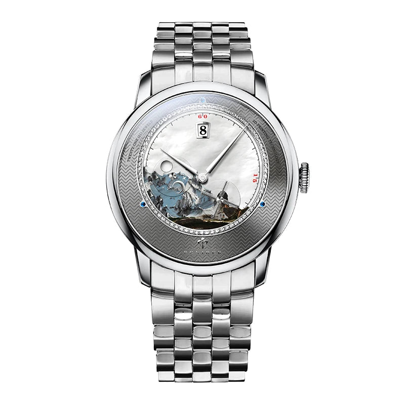 PONIGER Luxury Men's Watch Japanese Automatic Movement Landscape Painting Design Stainless Steel Waterproof Multifunction Clock