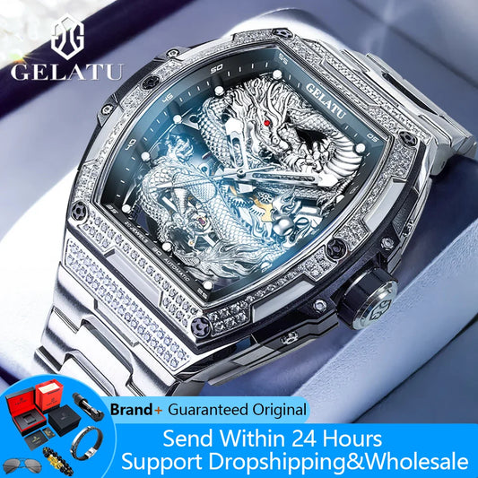 GELATU 6021 Men's Watch Fashion Automatic Mechanical Watch For Men Hollow Waterproof Luminous Dragon Dial Luxury Man Wristwatch