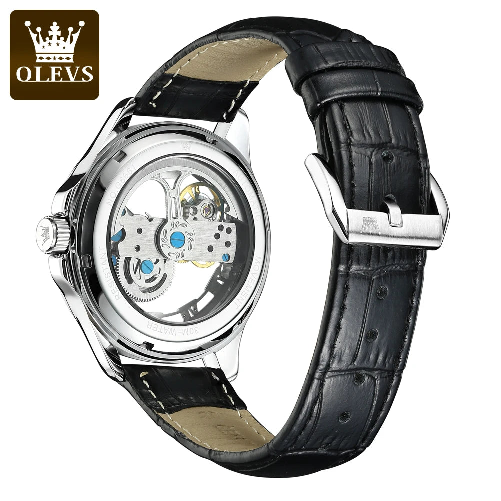 OLEVS 6661 Full Transparant Skelton Flywheel Automatic Mechanical Men's Watch Leather Strap Luxury Brand Original Man Wristwatch