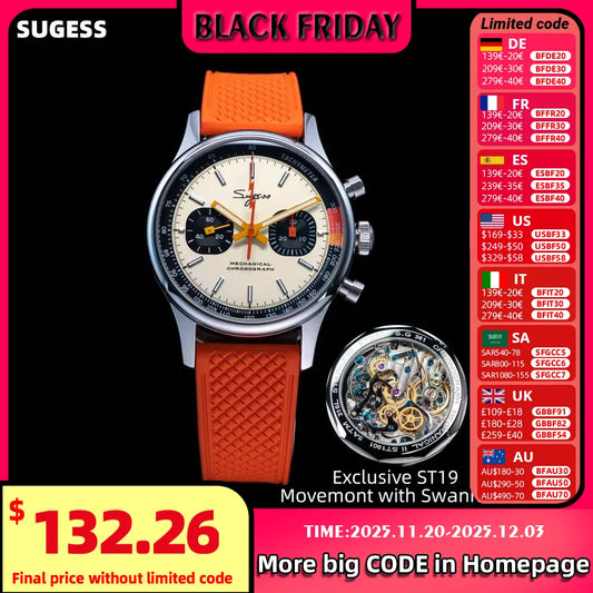 Sugess Pilot Watch ST19 Origin Movement Swanneck Wristwatch Mechanical Chronograph Sappire Crystal Military Limited Racing 1963