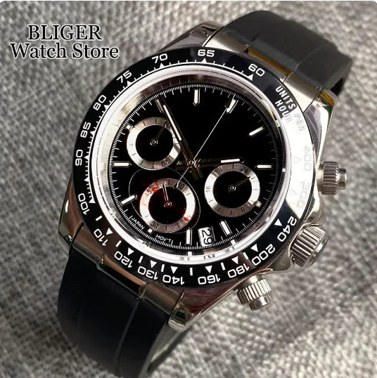 Fashion 39mm Quartz Chronograph Sapphire Crystal Men's Watch VK63 Cartoon Printing Pattern Stainless Steel White Black Dial