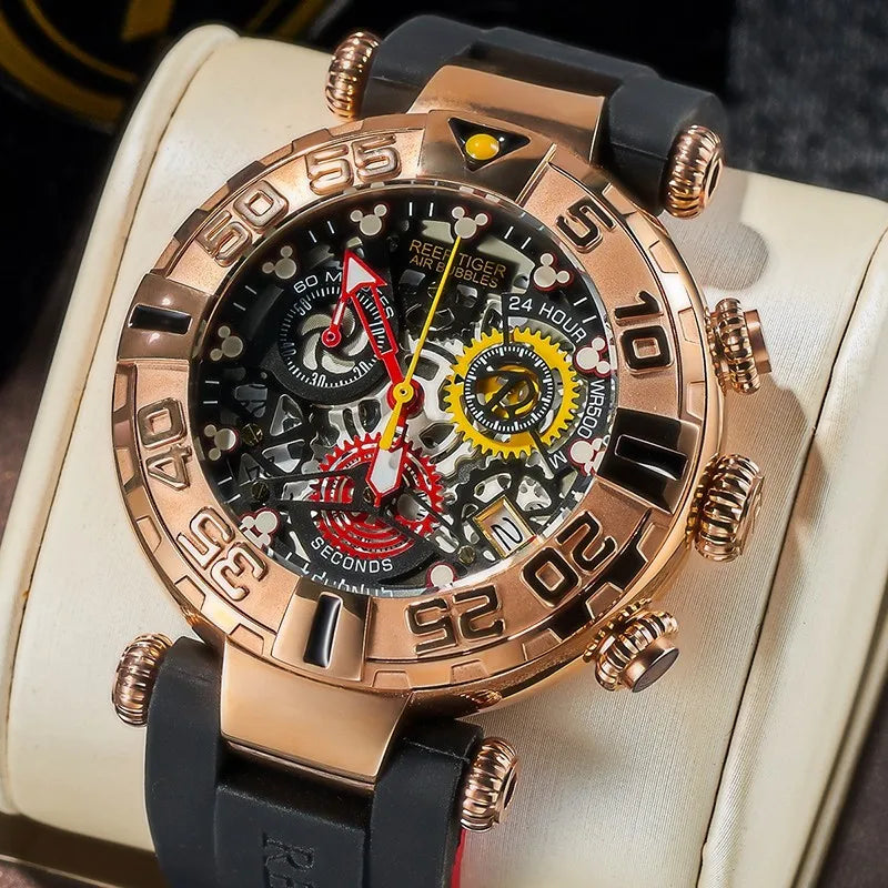 Reef Tiger/rt For Men Watch Chronograph Japan Quartz Male Wristwatch Date Panda 3d Stereo Skeleton Sapphire Crystal Reloj Hombre