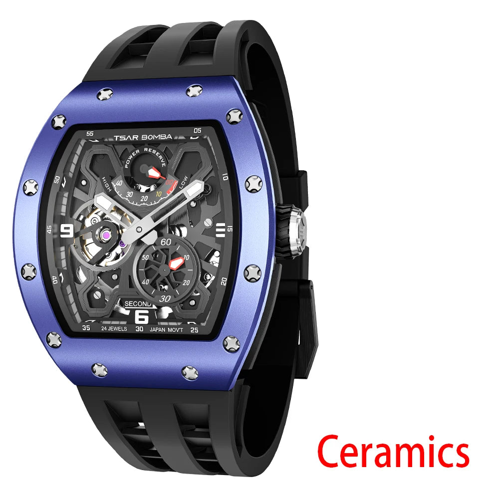 TSAR BOMBA Ceramics Automatic Mechanical Watch for Men Waterproof Luminous Skeleton Wristwatch Luxury Sapphire Clock