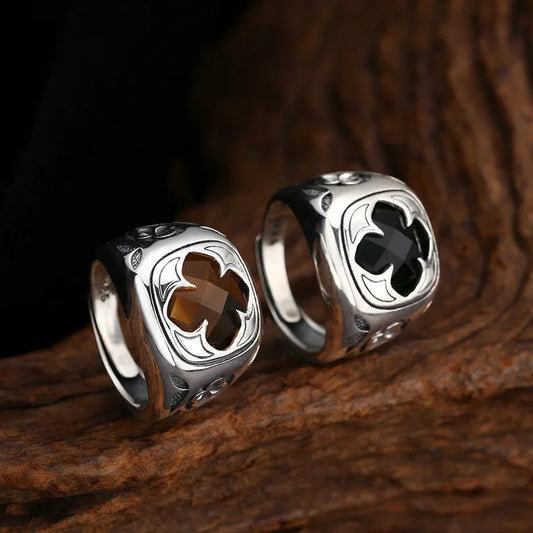 Wholesale Thai silver retro trendy personalized jewelry men's and women's rings adjustable S925 silver inlaid green zircon ring