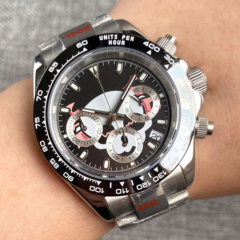 Fashion 39mm Quartz Chronograph Sapphire Crystal Men's Watch VK63 Cartoon Printing Pattern Stainless Steel White Black Dial