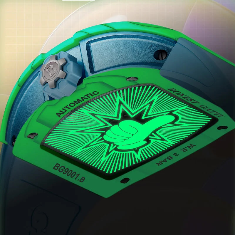 BONEST GATTI Men Automatic Watch 52mm Tonneau Mechanical Wristwatch Carbon Fiber Sapphire Mirror Luminous 3D Cartoon Dial