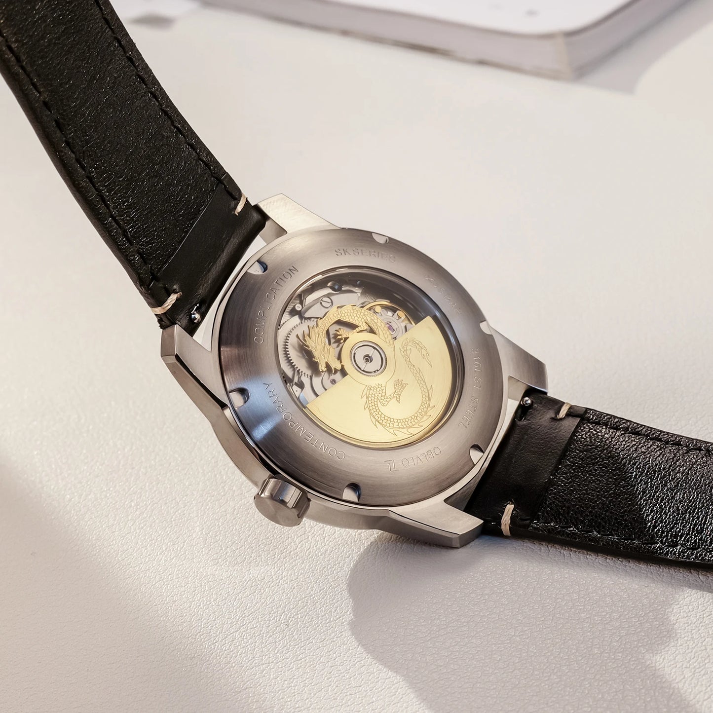 OBLVLO Men's Double Wheels Dial Leather Mechanical Watch Luxury Green Dragon Luminous Waterproof Men's Automatic Watch JM-DRAGON